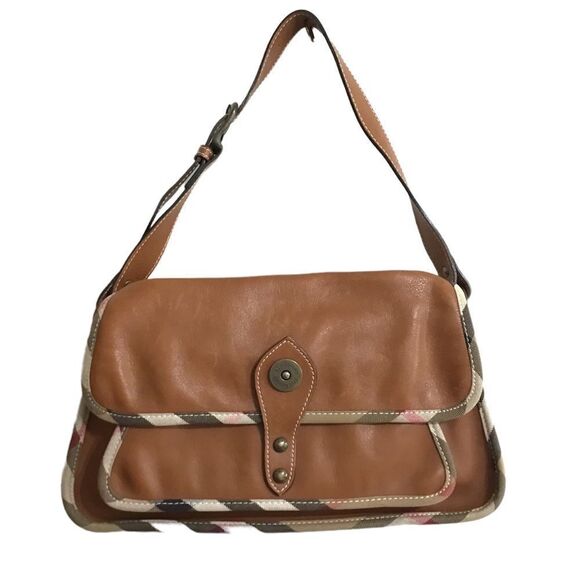 Burberry Brown Leather Shoulder Bag Nova Check Fabric Trim Tote Bag - Picture 1 of 16